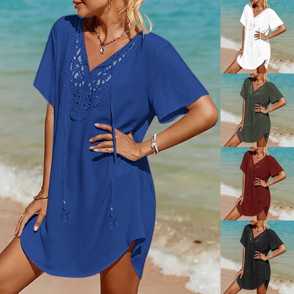 ASFGIMUJ Women‘s Crochet Beach Cover Up Dress V Neck Lace Swimsuit Coverup Tunic for Pool & Resort