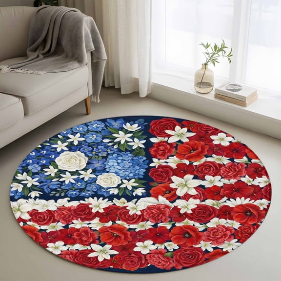 4th of July Floral Round Area Rug 3.3Ft Washable Circle Rugs for Dining Room Table, Country Blue Red Poppy American Flag Non-Slip Carpet Floor Mats Indoor Outdoor Carpet Runner Aesthetic Home Decor