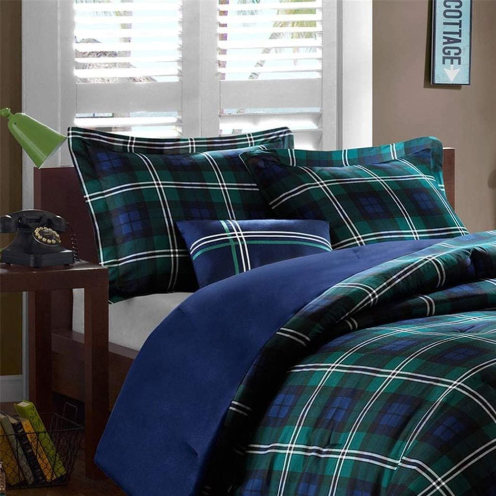 Blue & Green Plaid Boys Full Queen Comforter Shams & Toss Pillow 4 Piece Set 