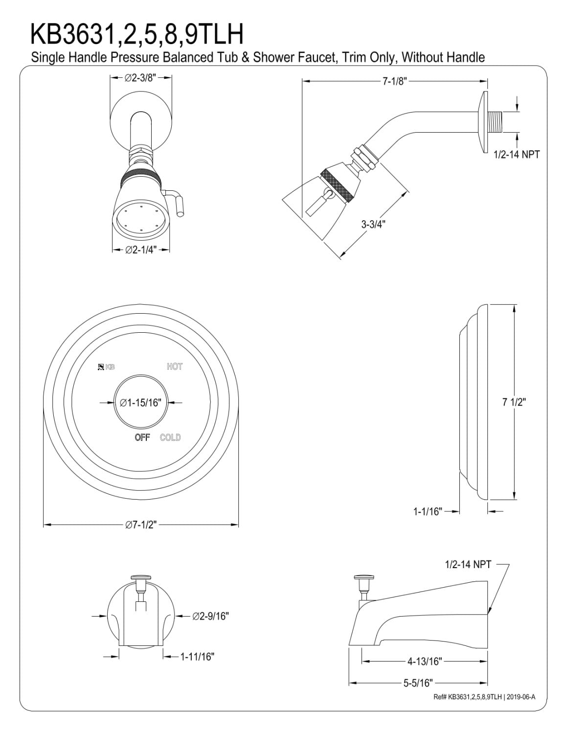 Kingston Brass KB3638TLH Tub and Shower Trim Only Without Handle, Brushed Nickel