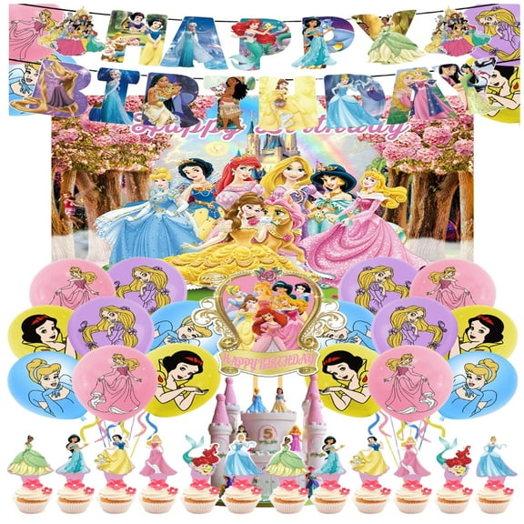 Princess birthday decorations, party supplies set including banners, balloons, cake toppers, princess theme backdrop