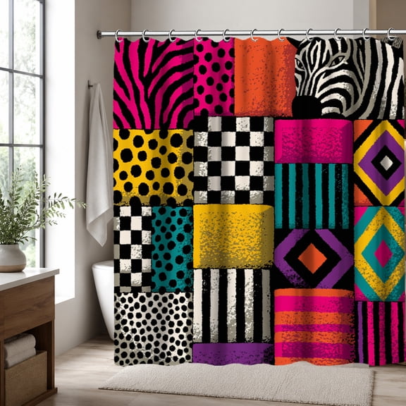 Abstract Shower Curtain, Colorful Geometric Pattern Bathroom Decor Curtain, Modern Boho Artistic Shower Curtain, Retro Pop Art Design for Bathroom Decoration, 70.87 x 70.87 Inch