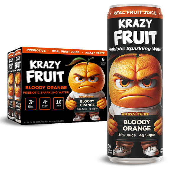 Krazy Fruit Bloody Orange Prebiotic Sparkling Water made with Real Fruit Juice, Low Calorie, 6-Pack 12 fl oz Cans