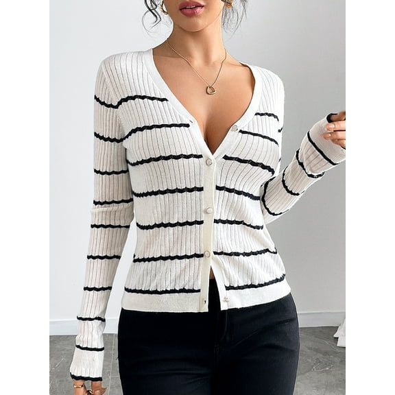 KNITIC Women's Cozy Striped Cardigan - Relaxed Fit, Long Sleeve, Button-Up Sweater