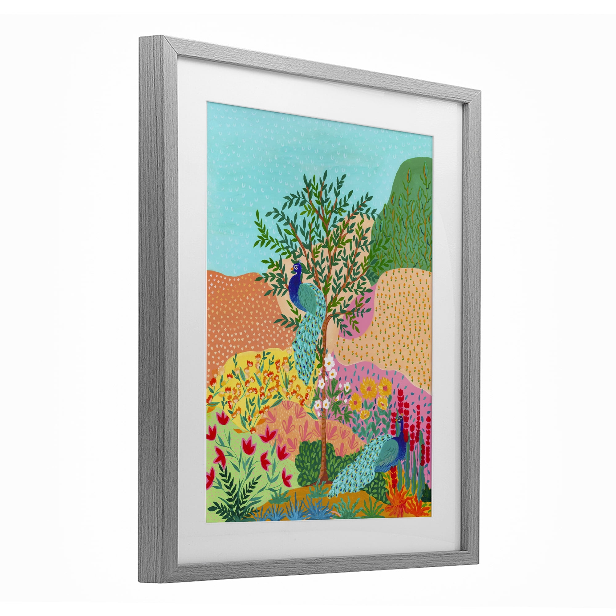 Stupell Industries Peacocks in Dotted Meadow Gray Framed Print Under Glass, design by Nabeela Rumi