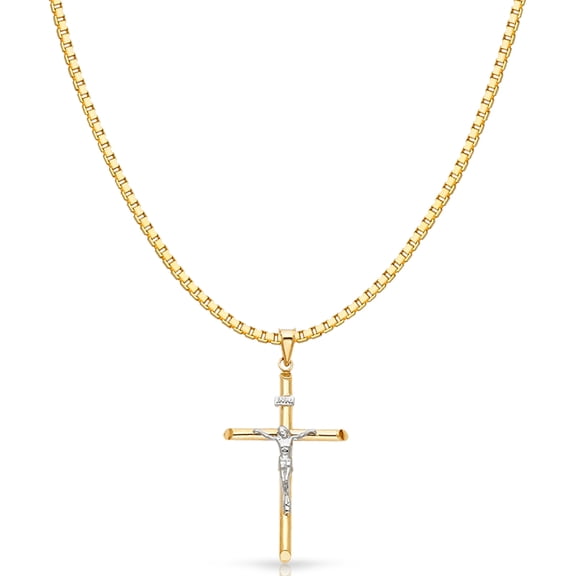 14K Two Tone Gold Crucifix Cross Religious Charm Pendant with 1.2mm Box Chain Necklace