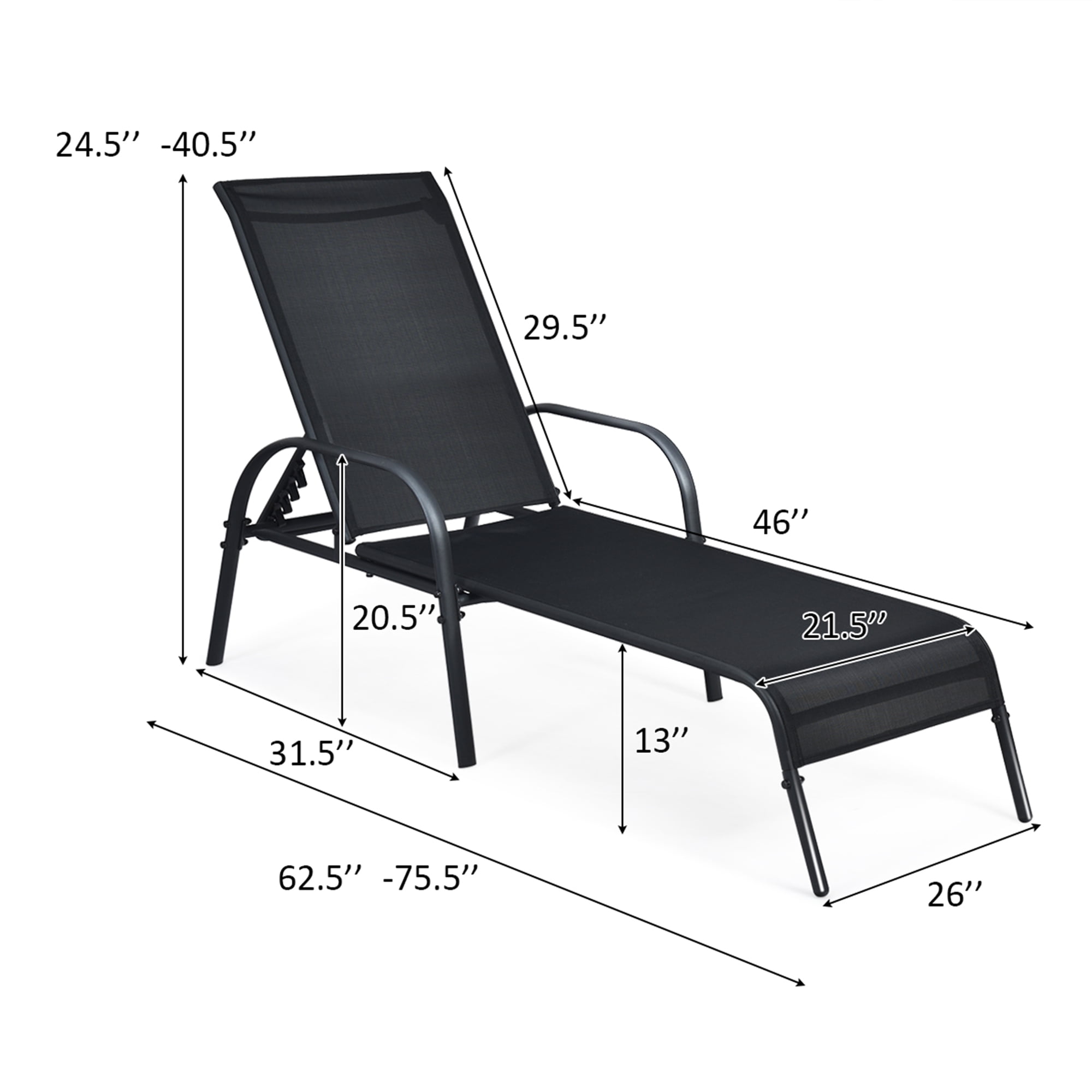 Gymax Reclining Fabric Outdoor Chaise Lounge - Set of 2, Black