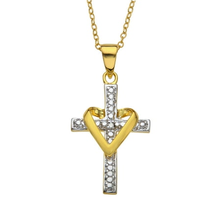 Diamond Accent 18kt Yellow Gold over Sterling Silver Cross with Heart Pendant, 18