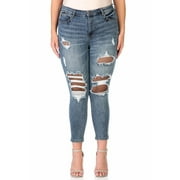 Cello Juniors' Plus Size Mid-Rise Destructed Cropped Skinny Jean with Fishnet Detail