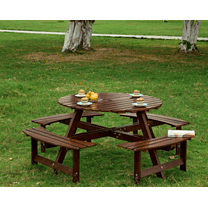 Outdoor 8 Person Picnic Table, 8 person Round Picnic Table with 4 Built-in Benches, Umbrella Hole, Outside Table and Bench Set for Garden, Backyard, Porch, Patio, Brown