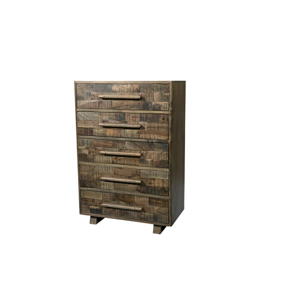 Handcrafted Solid Wood Chest with 5 Drawers in Weathered Brown