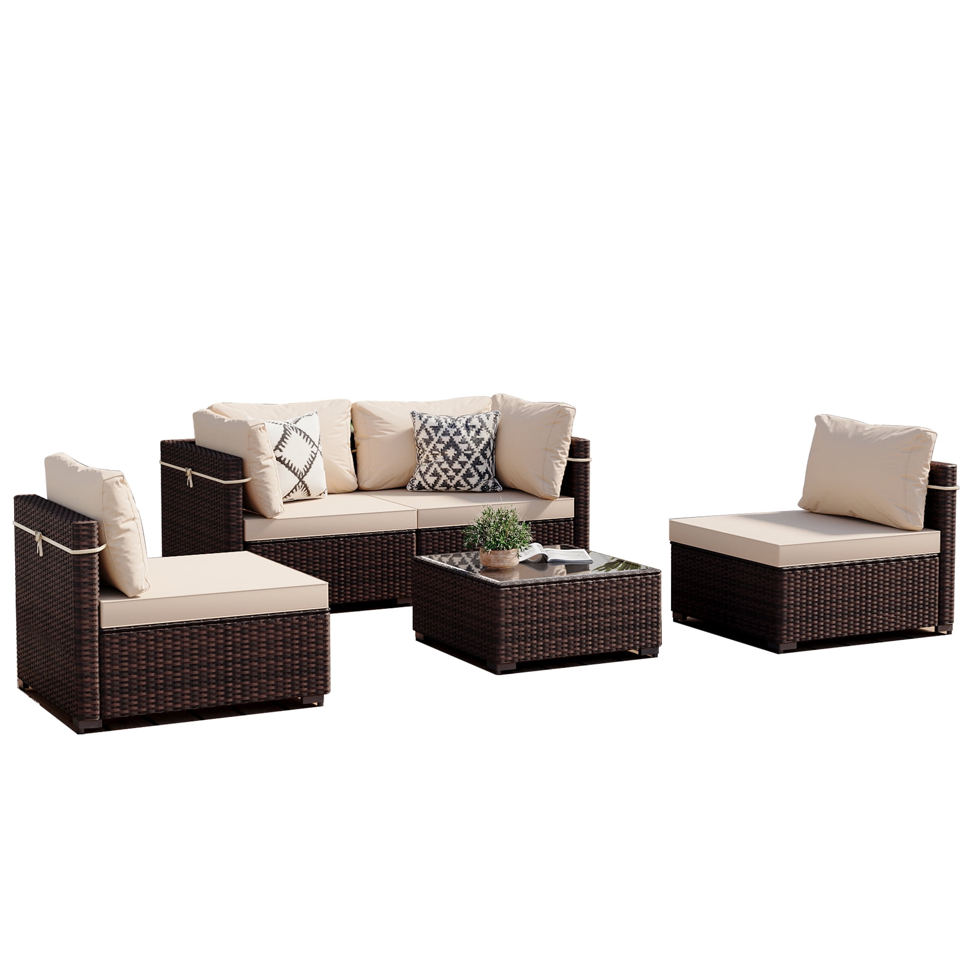 UPHA 5 Pieces Outdoor furniture Sets Patio Sectional Couch Wicker Conversation Sofa for Pools Outside, Gardens, Decks, Brown Rattan, Beige Cushion