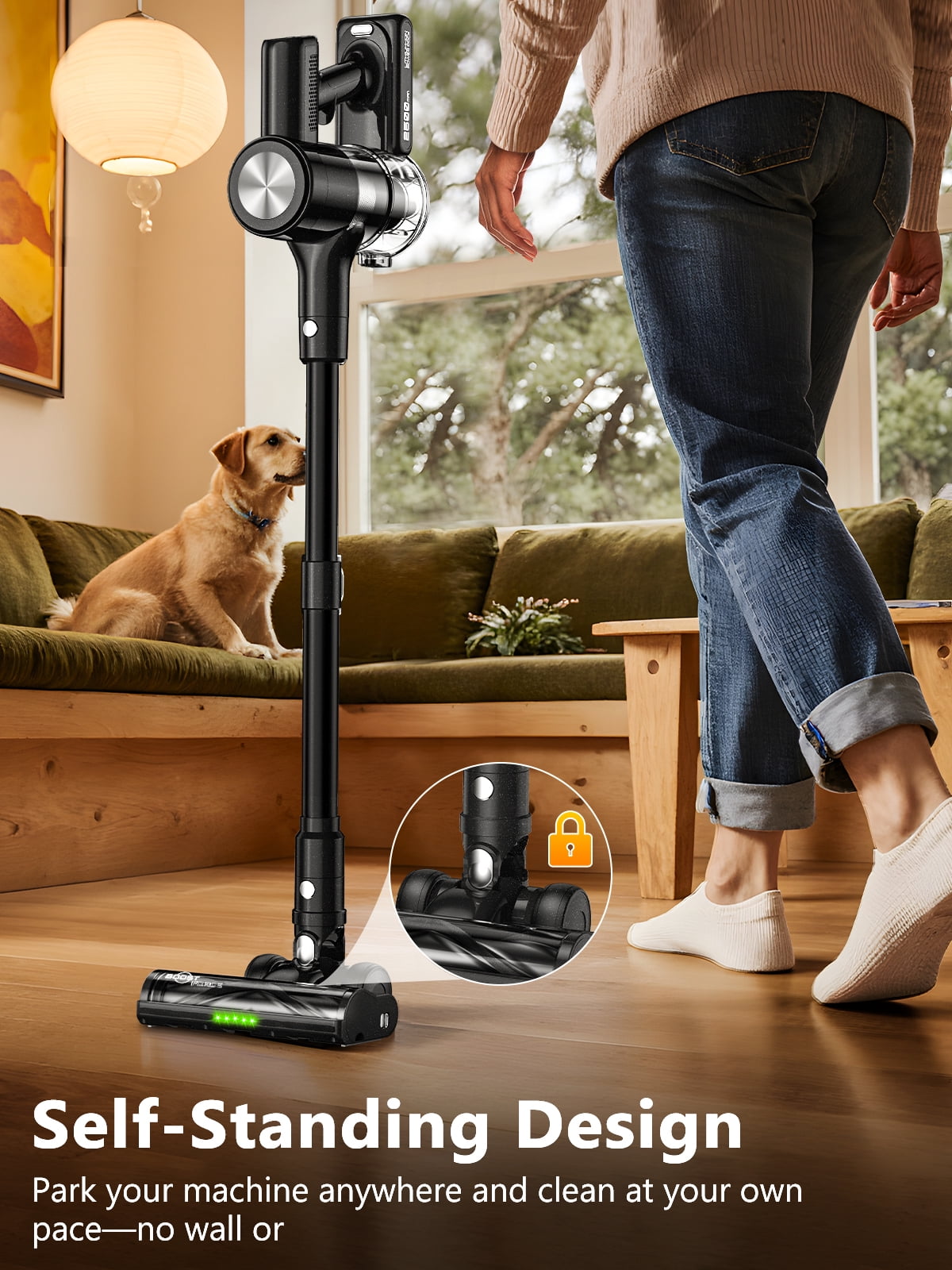H28 Cordless Stick Vacuum Cleaner, 500W Brushless Motor, Self-Standing, Wall Charging, 55 Min Runtime, Lightweight for Hard Floors & Carpets, Black