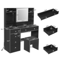 thumbnail image 4 of Hassch 47.2 Inch Vanity Desk with Light and Mirror Cabinet, Charging Station and Cushioned Stool, Makeup Dressing Table with Hooks and Glass Top, Shelves and 5 Drawers for Bedroom, Black, 4 of 8