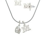 3-D Tiara - M Initial Charm Necklace and Stud Earrings Jewelry Set