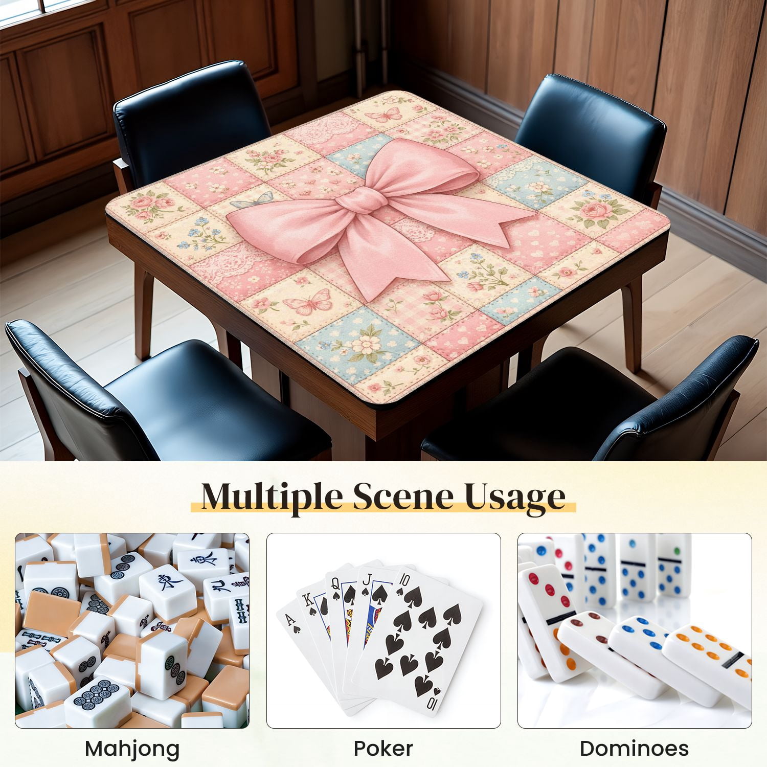 Mahjong Mat 31.5" x 31.5" Pink Floral Patchwork Bow Butterflies Non-Slip Noise Reduction Mahjong Tiles Table Cover for Dominoes Poker Card Board and Tile Games