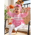 thumbnail image 6 of RUINIXCW Newborn Baby Girls Halloween Outfit Gingham Plaid Bubble Romper Long Sleeve Ghost Witch Hat Pumpkin Print Smocked Bodysuit Playsuit with Headband, 6 of 9