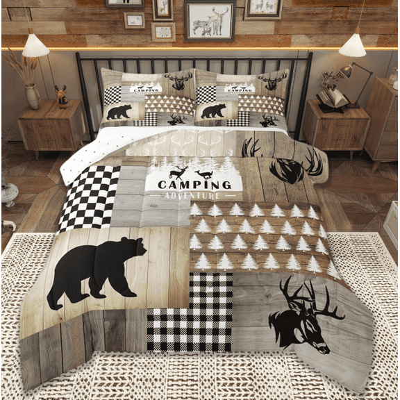 jejeloiu Safari Bear Moose Bedding Comforter Set,Jungle Wildlife Twin Comforter Sets,Old Barn Door Bedding Set For Boys Kids,Microfiber Bedroom Decoration Reversible,2pcs