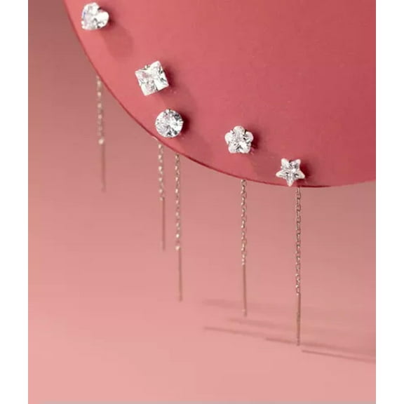 K-KED 1 Pair Small 925 Sterling Silver Crystal Pull Through Threader Earrings-FLOWER