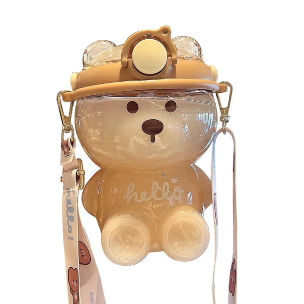 Cute Cartoon Bear Kids Straw Water Bottle With Handle And Adjustable ...