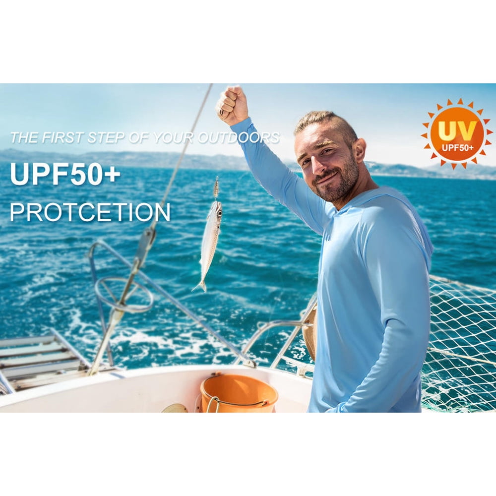 Myliigor Upf 50 Lightweight Sun Blocking Water Sports Fishing Shirts Fast Dry Youth Mens Long Sleeve Hooded t Shirt Teal Aquamarine S-3XL