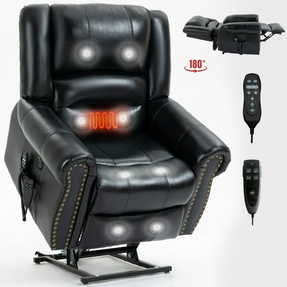 Power Lift Recliner Chair with Heat Massage, Genuine Leather, 350LBS Capacity, Dual Motor, Infinite Position & USB