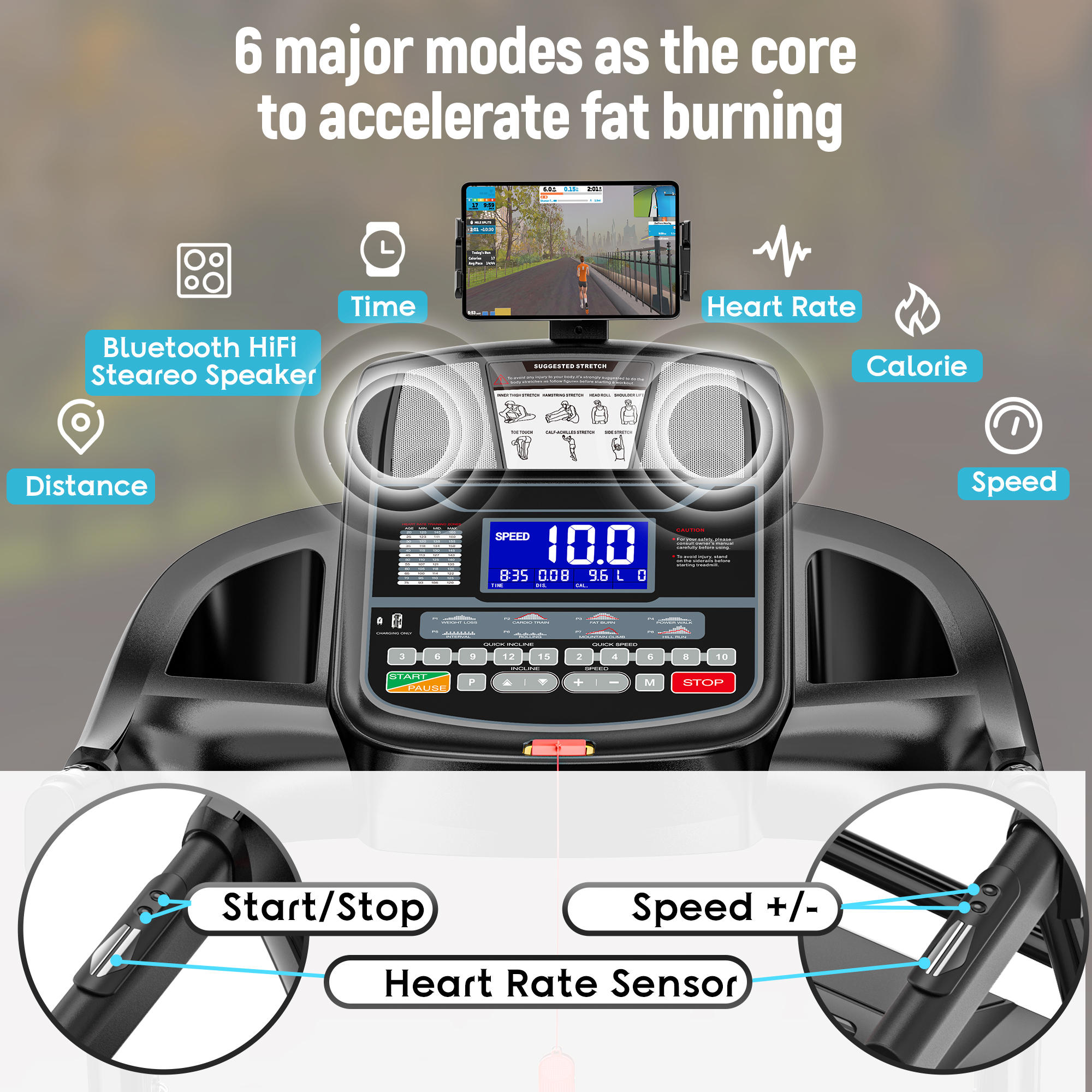 Foldable Treadmill with 15% Auto Incline, 300LB Capacity, Smart App Control, Shock Absorption Belt, Heart Rate Monitor, Home Gym Running Machine