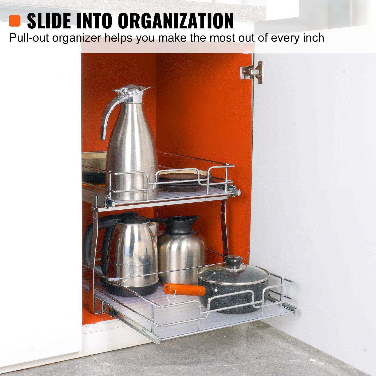 2-Tier Wire Pull Out Cabinet Under Sink Organizer, 1 pack Heavy Duty Slide out Drawer, Chrome-Plated Steel Roll Out Drawers for Home, Inside Kitchen Cabinet, Bathroom, Under Sink