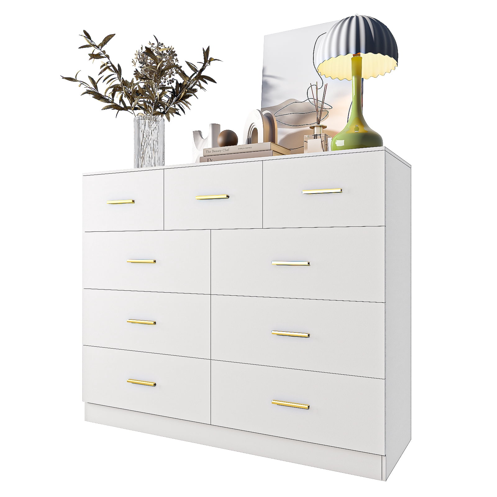 Ktaxon 9 Drawer Double Dresser Wood Dresser Storage Cabinet Drawer Organizer Chest Of Drawers, White