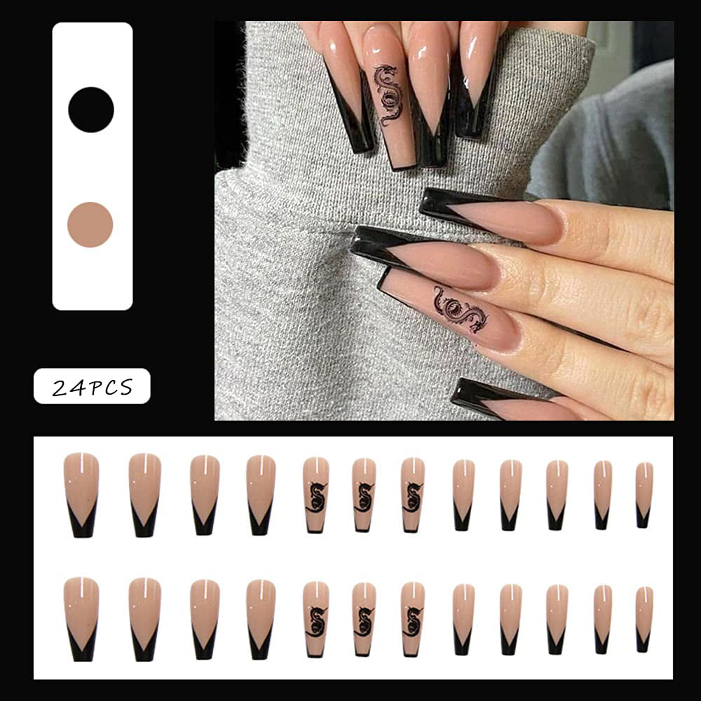 24 Pcs Nails Long Fake Nails Ballet Gradual Change Coffin Acrylic Nails  Pink Fake Nails Acrylic Glossy Chinese Design False Nails Prom TaiChi Nails  Women's | 24 Pcs Nails Long Fake Nails