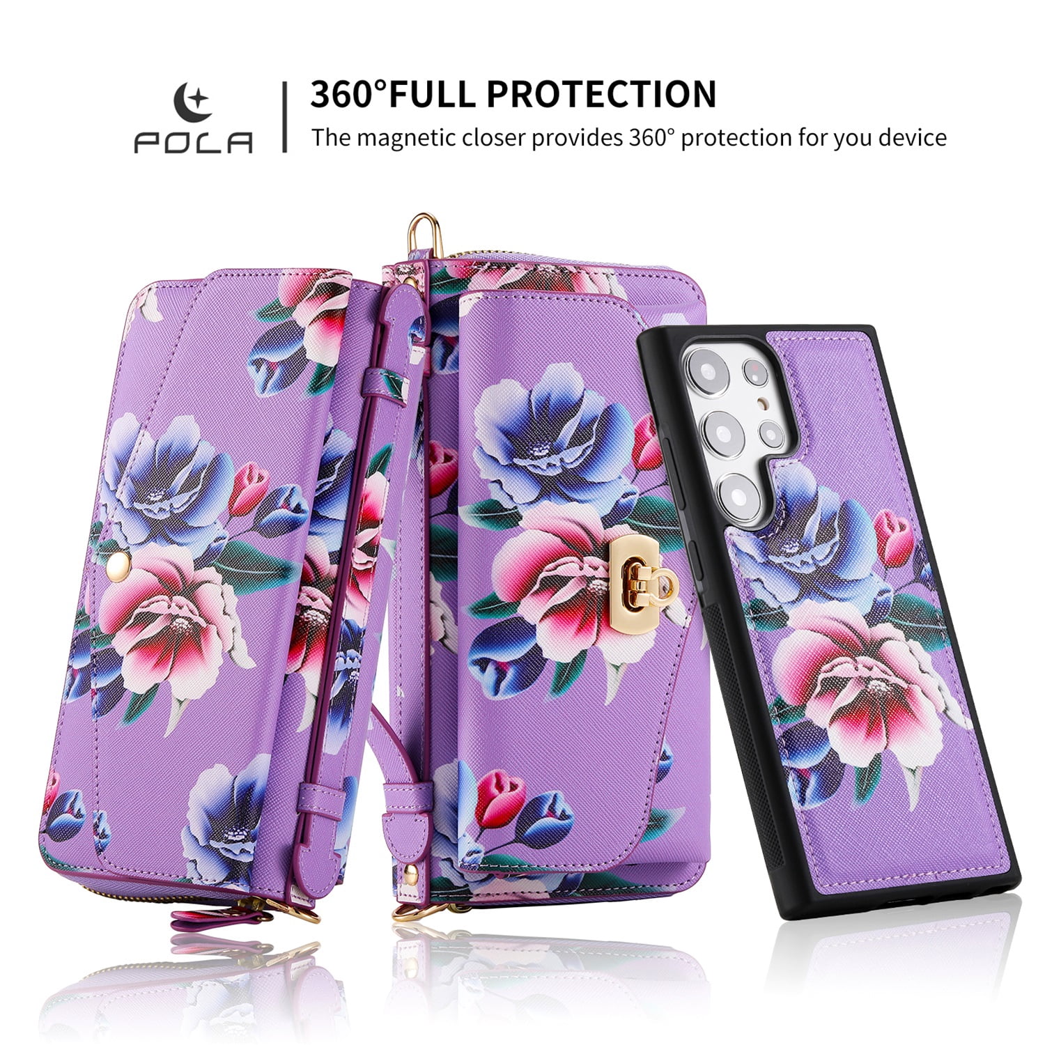 SaniMore Magnetic Detachable Wallet Case for Samsung Galaxy S22 Ultra, Flower Pattern RFID Blocking Cover Support Wireless Charging Card Slot Shoulder & Wrist Strap 360° Full Protective Shell, Purple