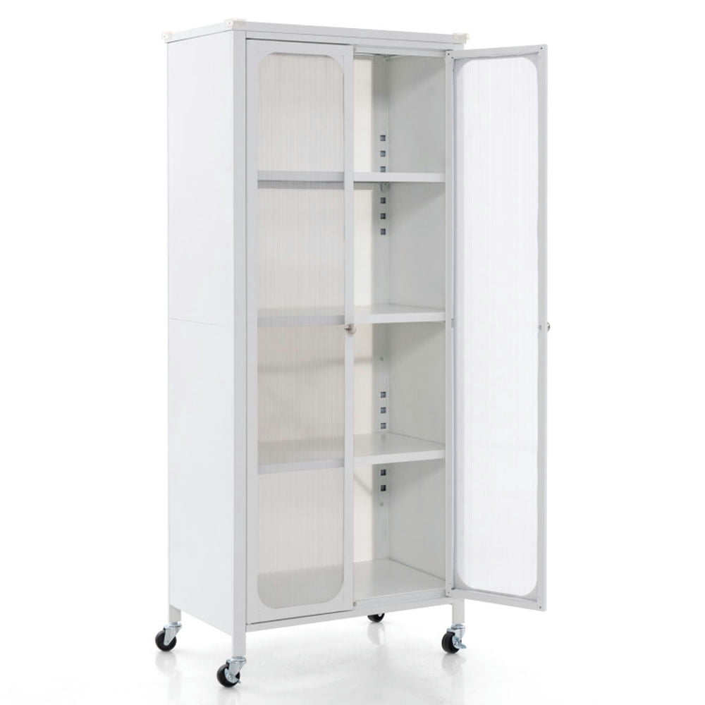 Finihen Storage Cabinet, Glass Doors Storage Cabinet with Wheels and Adjustable Shelves, for Living Room, Bedroom, Entryway, White