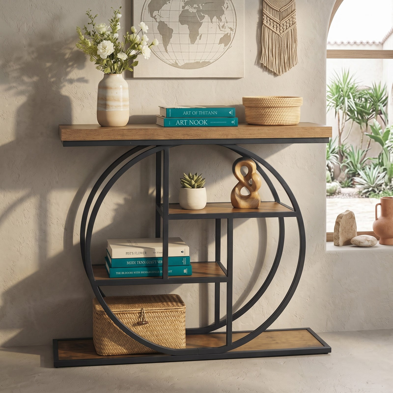 Furnibear 4-Tier Console Table 41 Inch Entryway Table with Open Storage Shelves and Round Metal Frame for Living Room, Brown