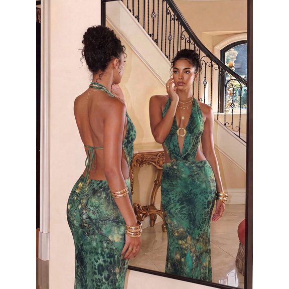 Womens Green Textured Halter Maxi Dress Deep V-Neck Cutout Backless
