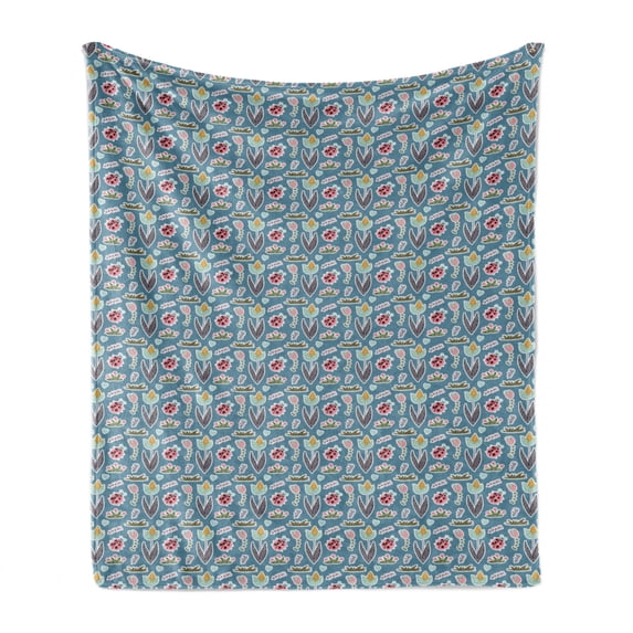 Nature Soft Flannel Fleece Throw Blanket, Doodle Forest Elements with Ladybugs Flowers and Thickets Ornamented with Curls, Cozy Plush for Indoor and Outdoor Use, 50" x 70", Multicolor, by Ambesonne
