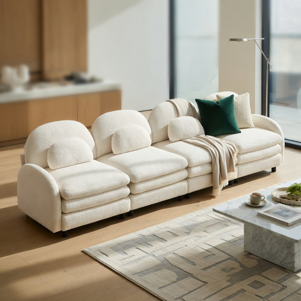 Hommoo Teddy Fleece 4-Seat Modular Sofa Set, Cloud-Soft Curved Backrest, Double-Layer Cushions & Lumbar Support, Living Room Couch, Beige