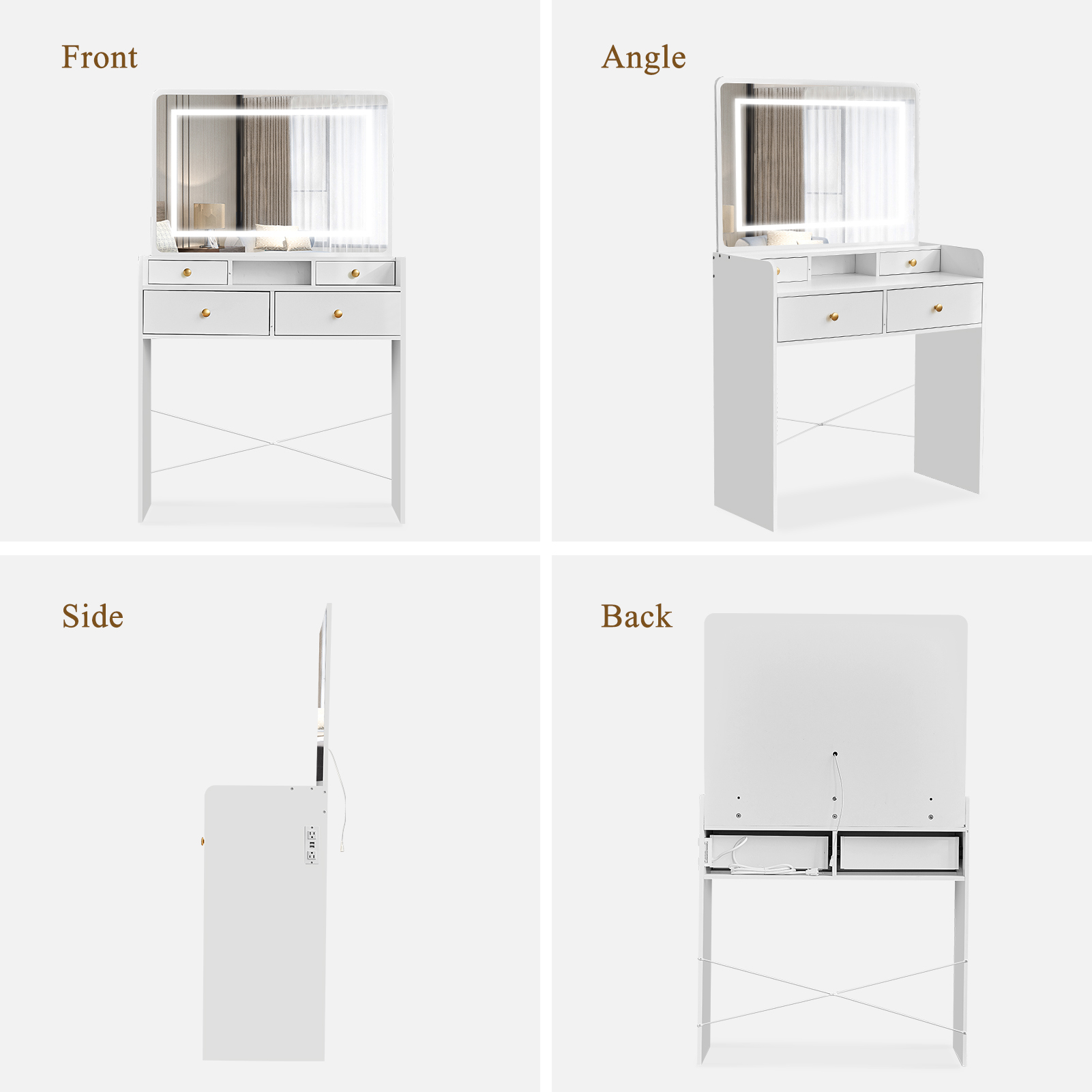 Vanity Desk with Mirror and Light, Vanity Dressing Table with Storage Bench, Charge Station, White