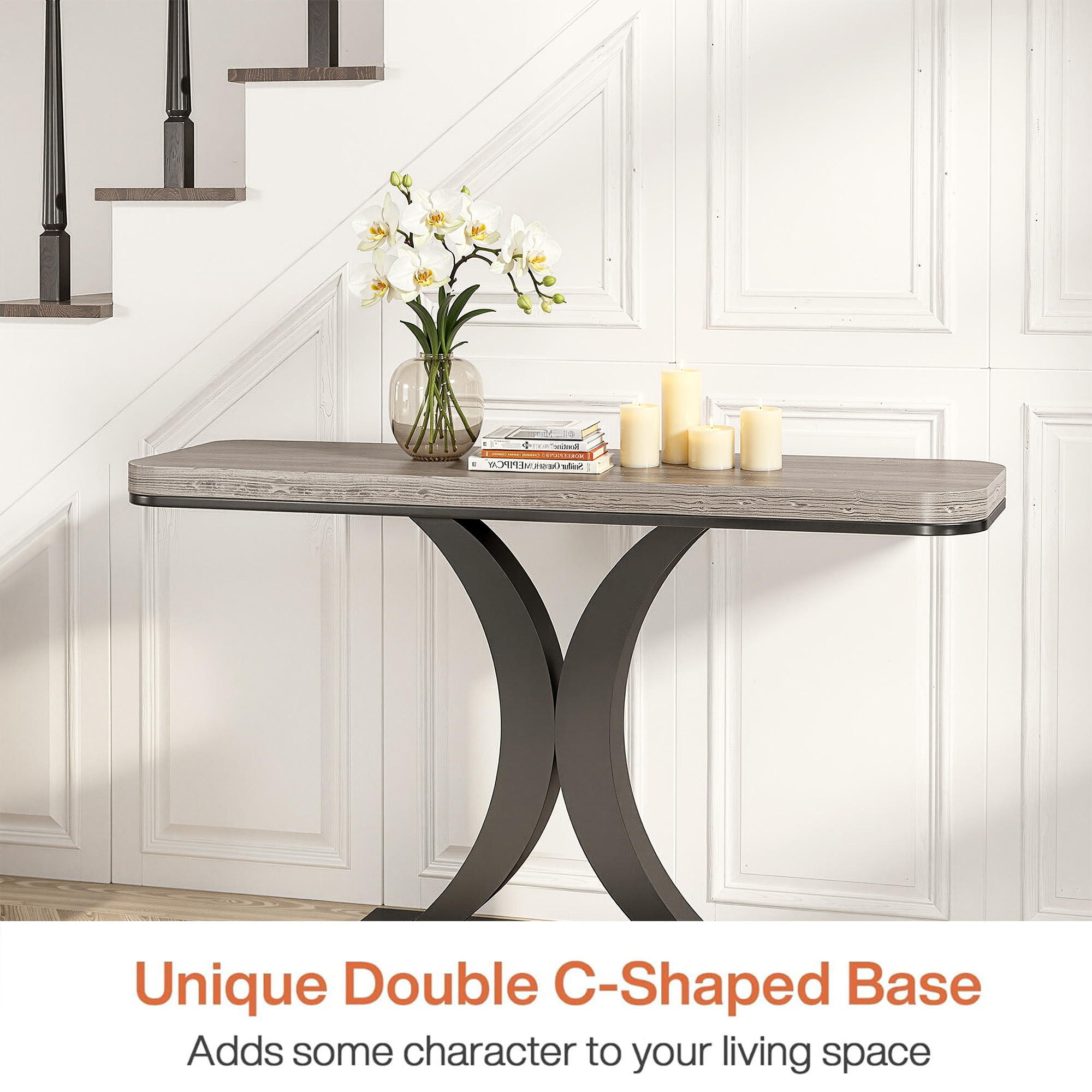 MAYEERTY 40 Inch Tall Sofa Table, Matte Black Geometric Metal Base Hallway Accent Table