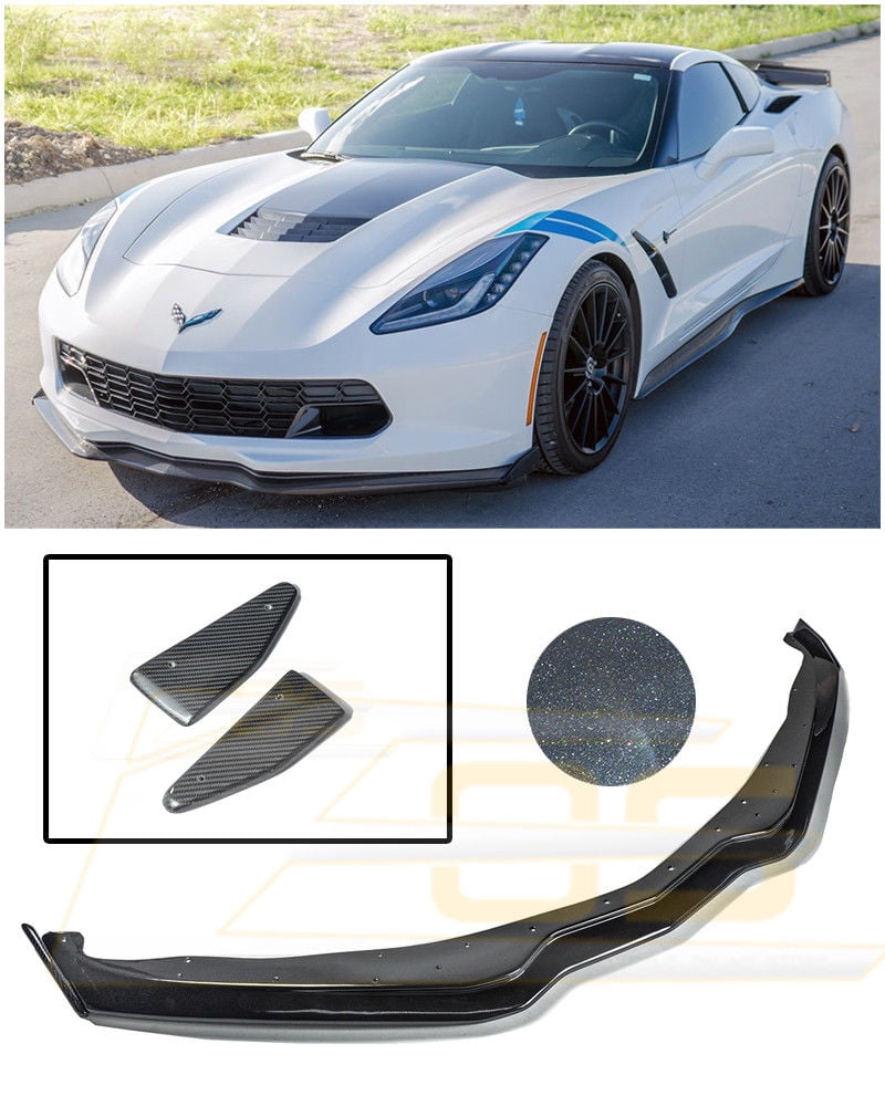 for 2014-Present Chevrolet Corvette C7 EOS Factory OEM Style Carbon Fiber Front Bumper Lower Splitter Side End Caps Extension Pair