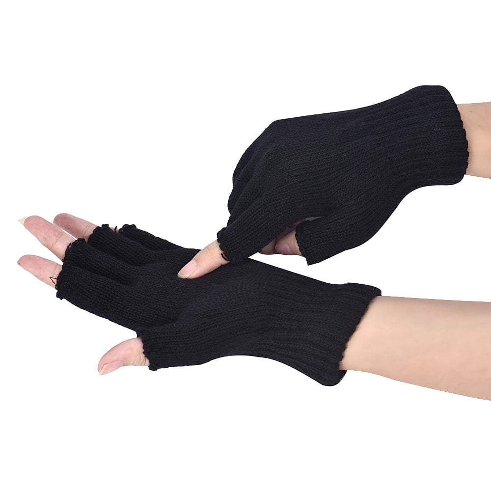 Long Wrist Knit Fingerless Gloves Winter Black Blue New 