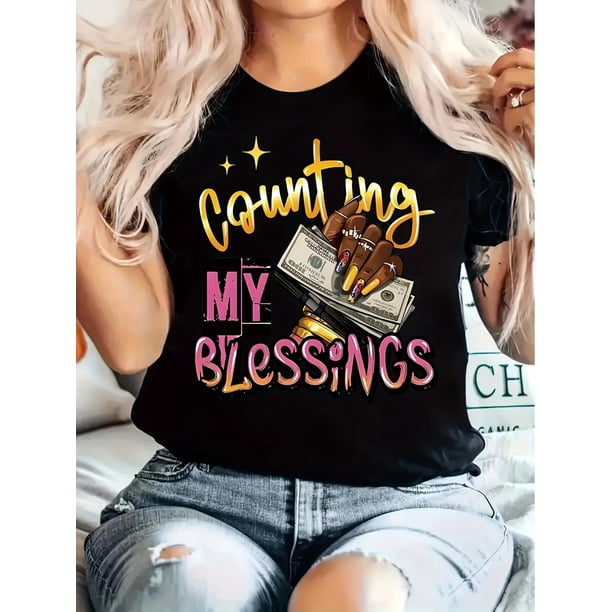 Camisetas De Manga Corta Para Mujer, Camisetas De Verano Para Oficina, Camping, ComprasWomen's Vintage-Inspired "Counting My Blessings" Graphic Tee - Black Polyester, Round Neck Short Sleeve with Mo