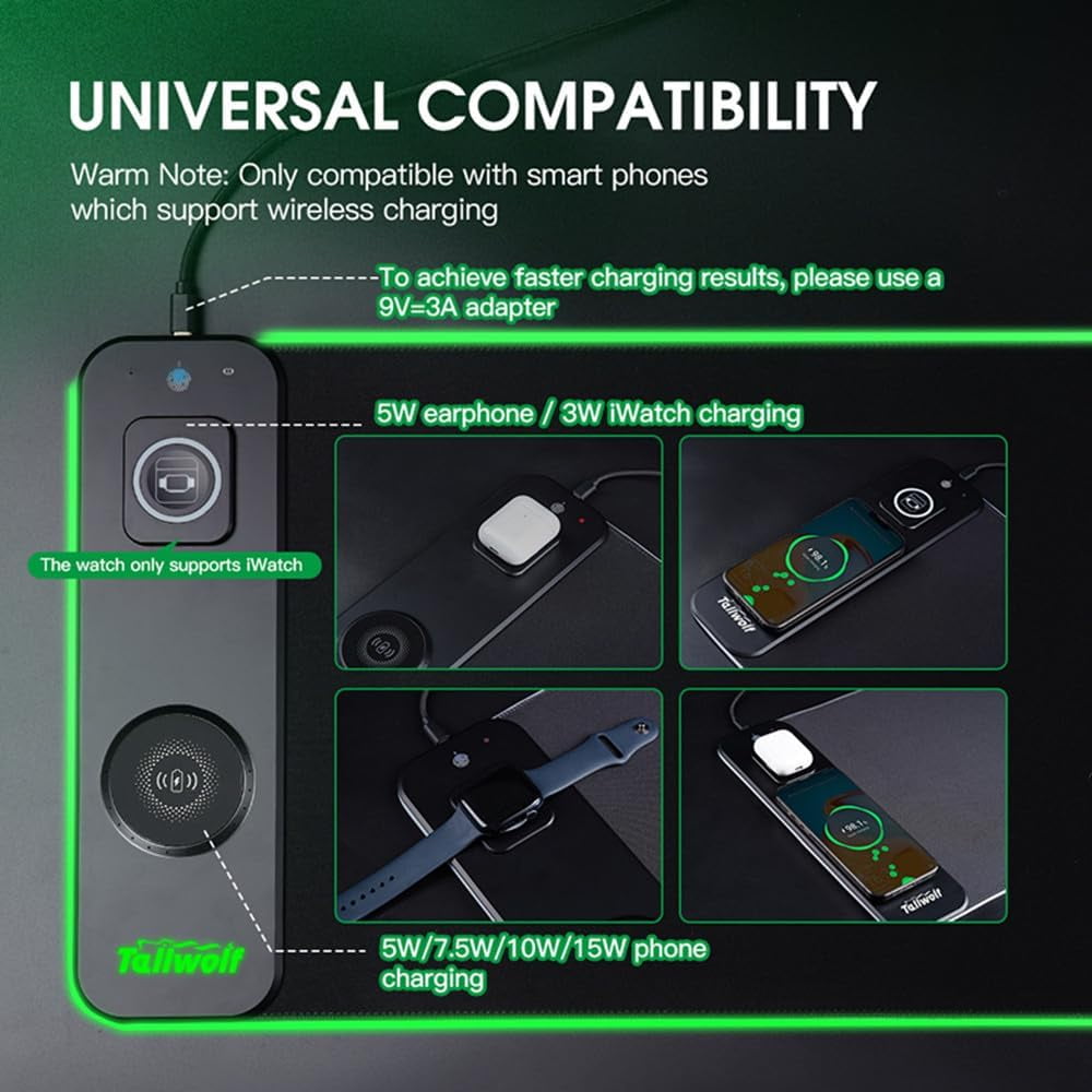 XIHAMA 3 in1 Wireless Charging RGB Gaming Mouse PAD, 15W 10 Light Modes, 800*300*4mm LED Magnetic Wireless Charging Mouse, Pad Desk Pad, Illuminated Mouse Pad for Ql Wireless Standard Phones/Watches