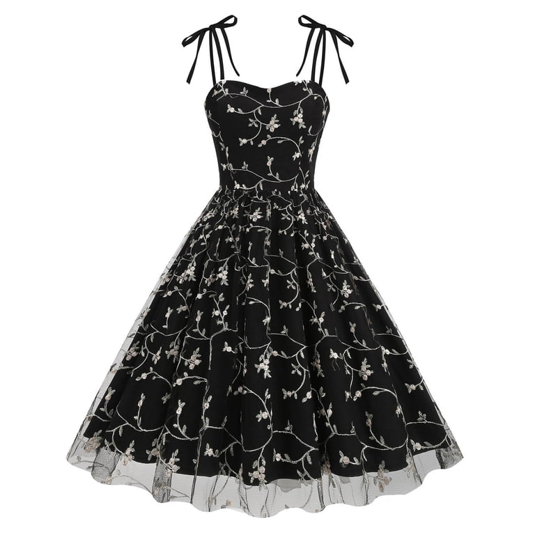 mini goth homecoming dress Ankola Womens Square Neck Tie Strap Tulle Prom Vintage Embroidered Floral Formal Evening Party Cocktail Dress, Women's, Size: Small, Black corduroy