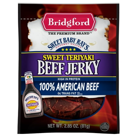 Bridgford Sweet Baby Ray's Sweet Teriyaki Beef Jerky, 3.25 oz – 100% American Beef, Gourmet Flavor