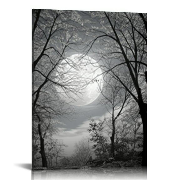 ONETECH  Black and White Full Moon Forest Trees Picture Goth Room Decor Canvas Wall Art Framed Artwork Gothic Home Decor Living Room Bedroom Home Office Decoration