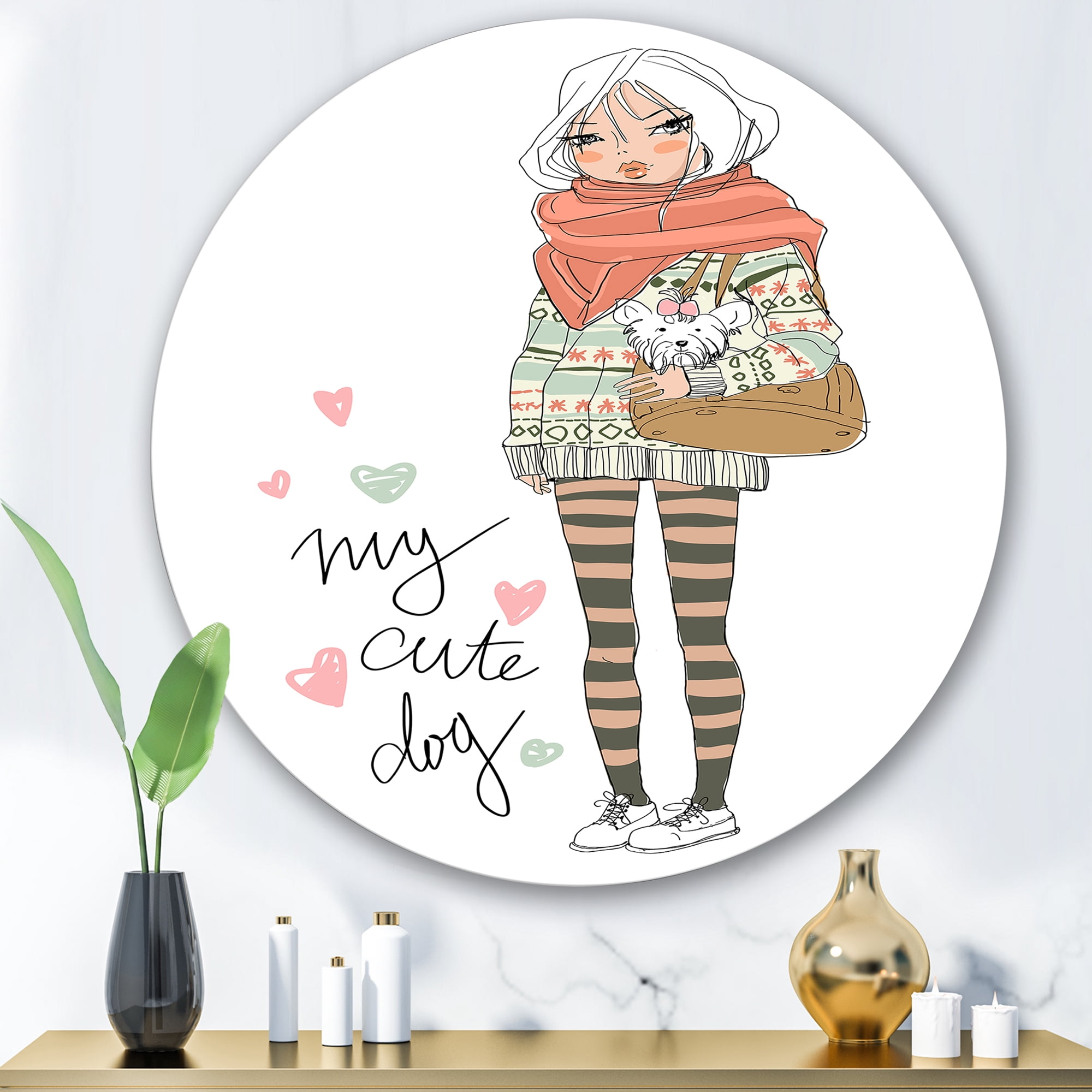 Designart 'My Cute Dog Cute Girl With Dog' Shabby Chic Circle Metal Wall Art 29x29 - Disc of 29