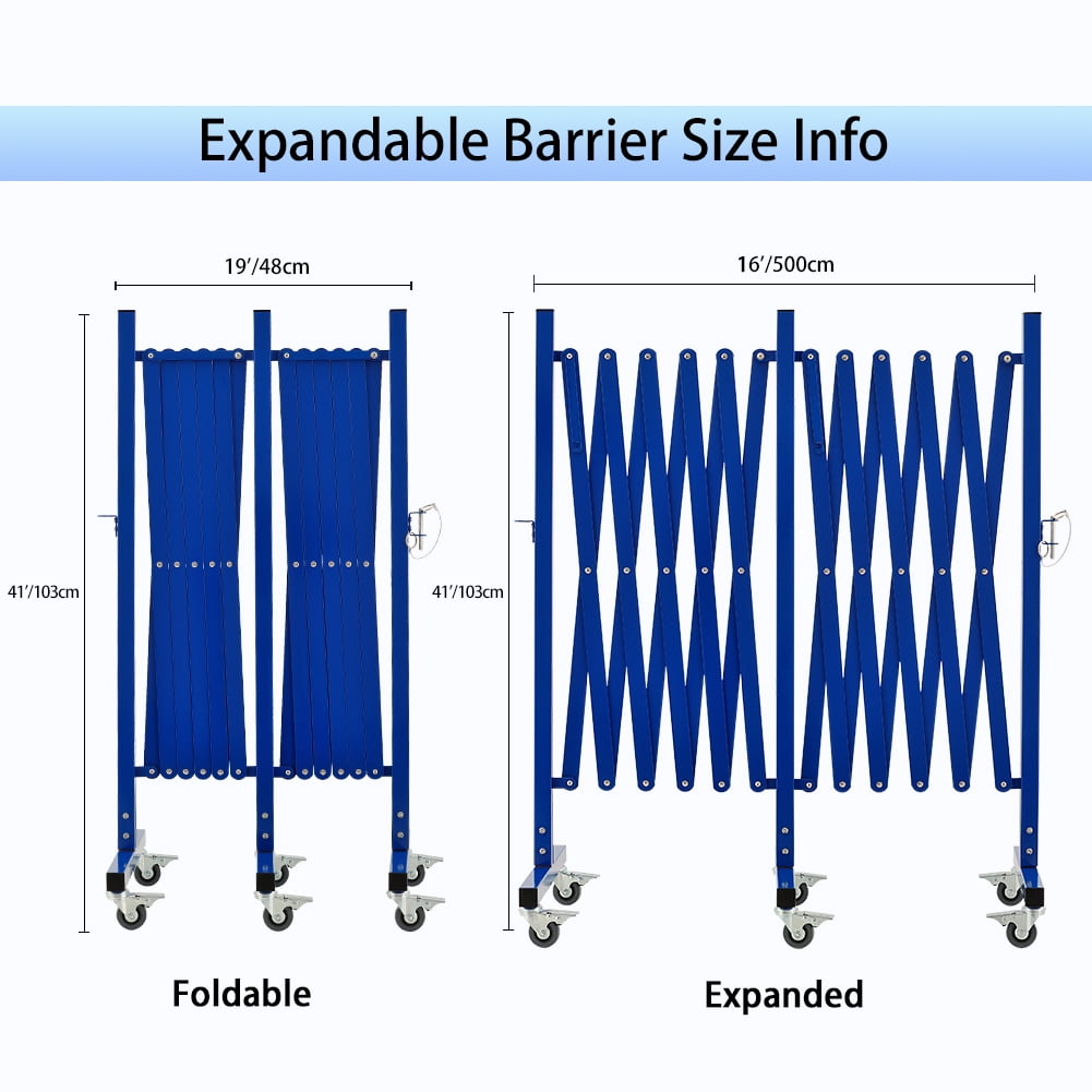 Industrial Expandable Metal Barricade, 16 FT, Blue, Portable Safety Barrier with Casters, Flexible Fence Mobile Barrier Gate