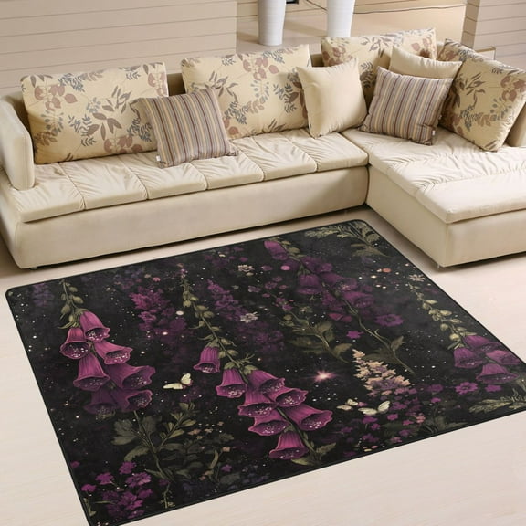 Yayeee Area Rugs for Living Room 5.2'x4' Non Slip Washable Bedroom Floor Carpet, Dark Purple Floral Pattern