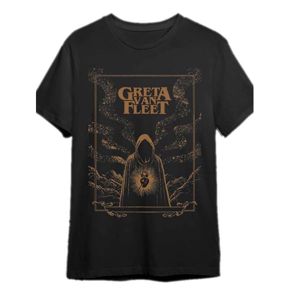 Greta Van Fleet Starcatcher 2023 World Concert for Men Black Band Graphic Tee with Golden Foil Print Printed pattern short-sleeved shirt