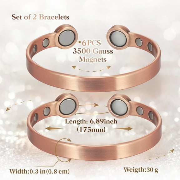 Wollet Copper Magnetic Bracelets for Arthritis Men Women Bracelets with 6 Powerful Adjustable Magnets 7'